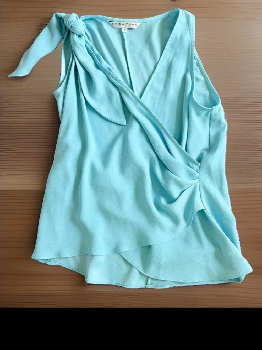 TRINA TURK Blouse Womens Size 8 Aqua Blue Sleeveless Shoulder Tie Ruched Career